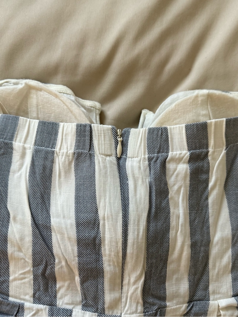 Striped Blue and White Tie-Front Strapless Romper - Picture 5 of 6